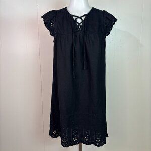 Old Navy Shift Dress XS Black Linen Blend Eyelet Embroidered Flutter Sleeve